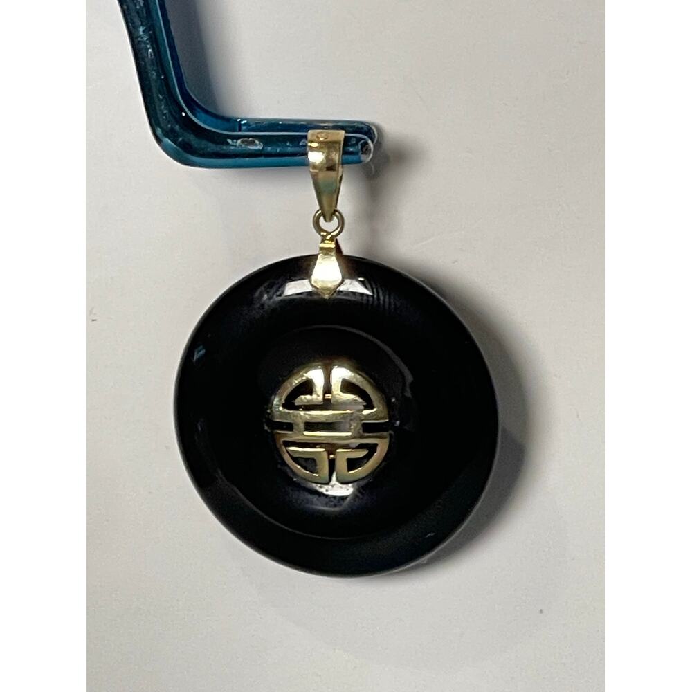 14K Yellow Gold Black Onyx Asian Longevity Symbol Pendant - Picture 6 of 9